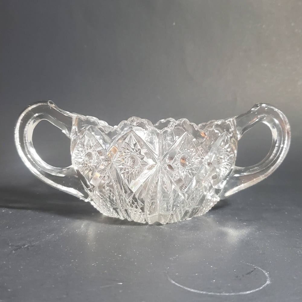 Vintage Square Sugar Bowl Cut Glass 2 Handles & Saw Tooth Scallop Rim Edge Top